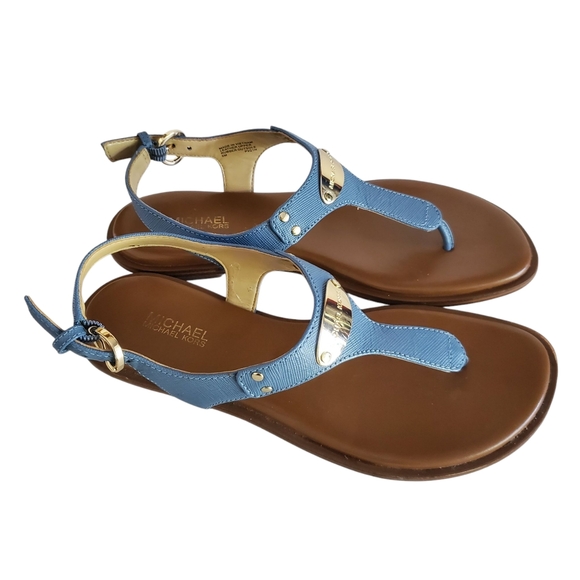 MICHAEL Michael Kors Blue Leather Gold Logo Plate Strappy Thong Sandal Women's 6 - Picture 5 of 11